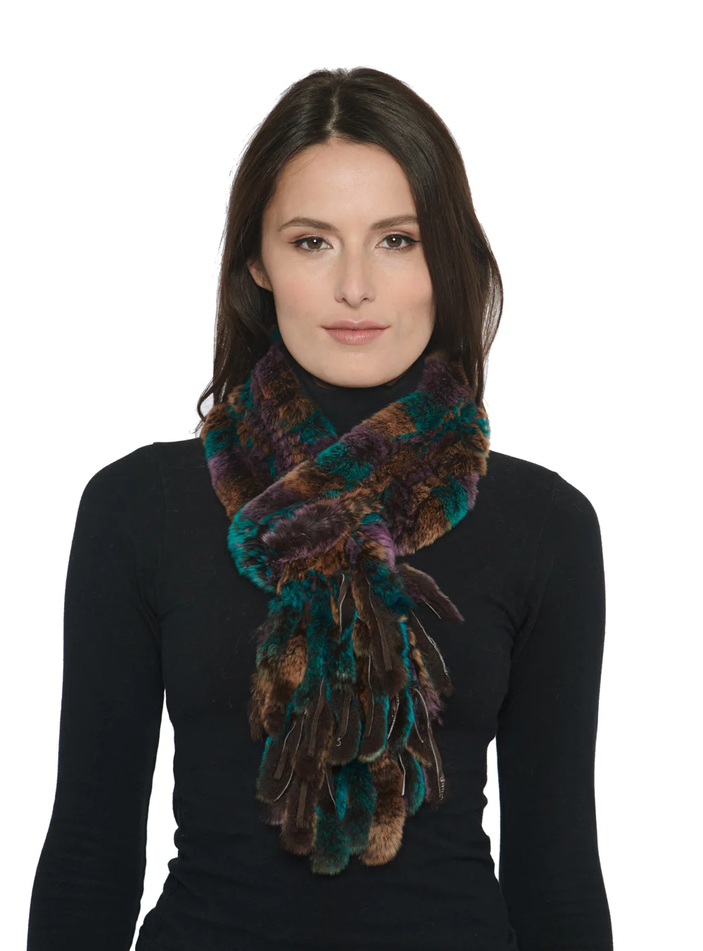 Fur Scarf - Knitted Rex rabbit loop scarf w/ fringes on one end